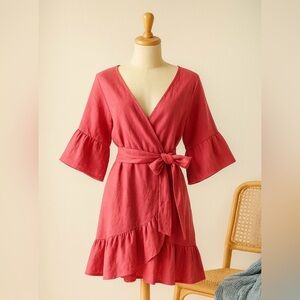 Anthropologie 4our Dreamers Women's Pink Linen Wrap Dress Size S